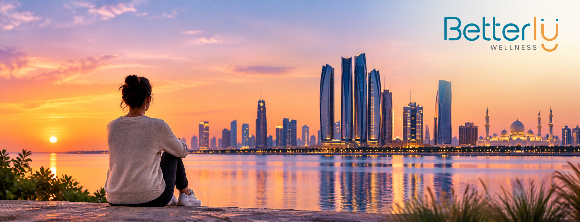 Person finding calm against a UAE city skyline