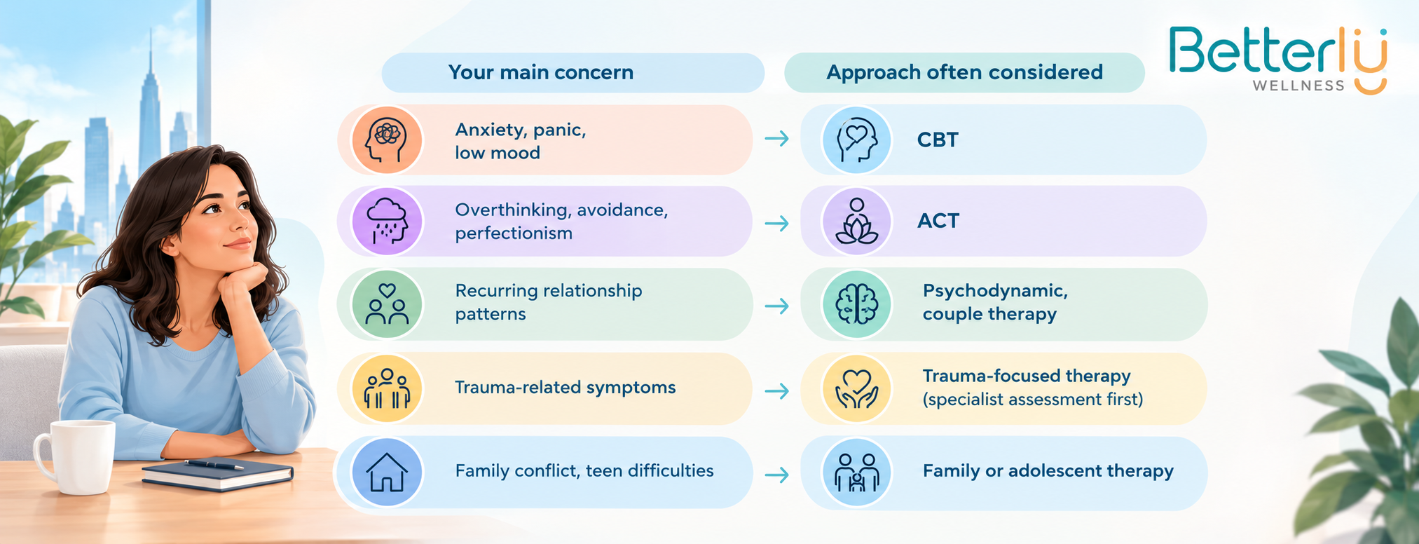 Guide matching concerns to therapy approaches